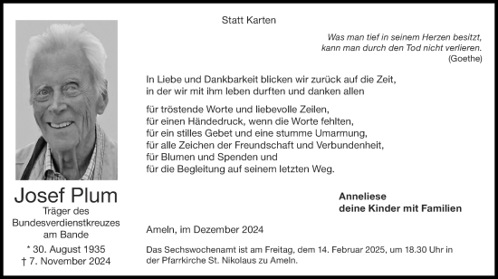 Traueranzeige von Josef Plum von Zeitung am Sonntag