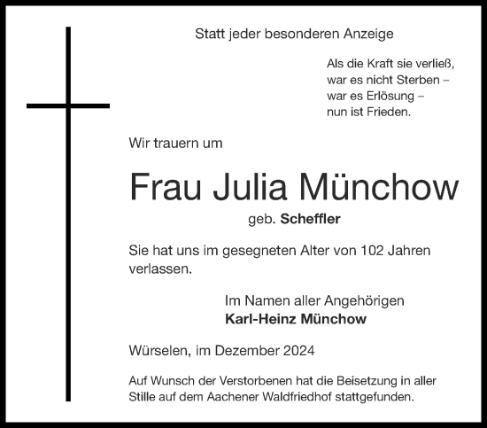 Traueranzeige von Julia Münchow von Aachener Zeitung
