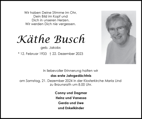 Traueranzeige von Käthe Busch von Zeitung am Sonntag