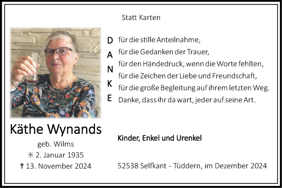 Traueranzeige von Käthe Wynands von Zeitung am Sonntag