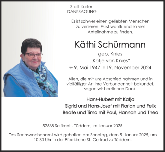 Traueranzeige von Käthi Schürmann von Zeitung am Sonntag