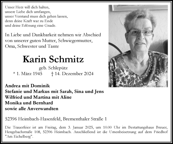 Traueranzeige von Karin Schmitz von Zeitung am Sonntag