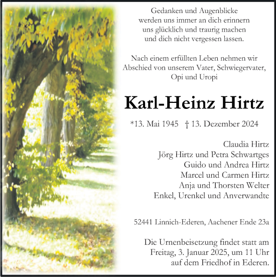 Traueranzeige von Karl-Heinz Hirtz von Zeitung am Sonntag