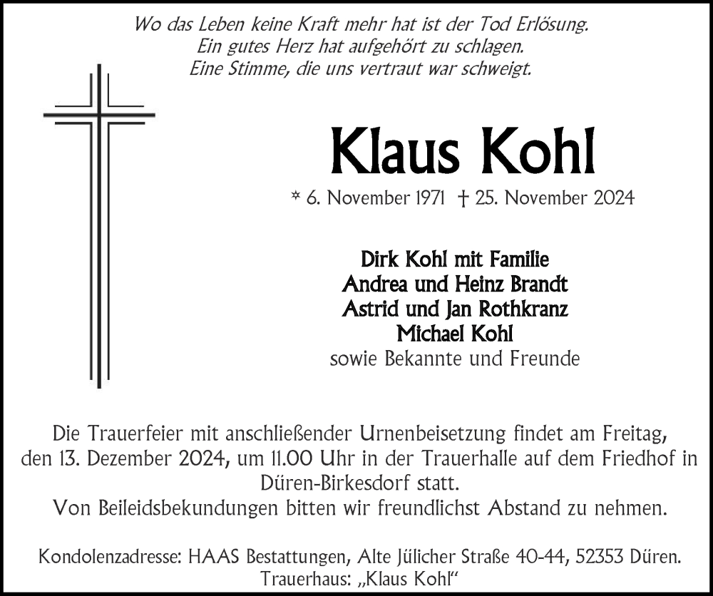  Traueranzeige für Klaus Kohl vom 08.12.2024 aus Zeitung am Sonntag