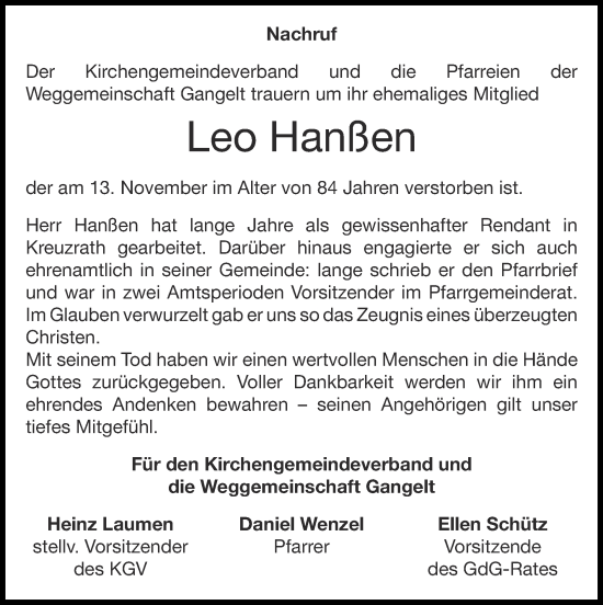 Traueranzeige von Leo Hanßen von Zeitung am Sonntag