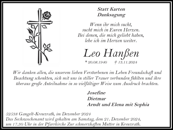 Traueranzeige von Leo Hanßen von Zeitung am Sonntag