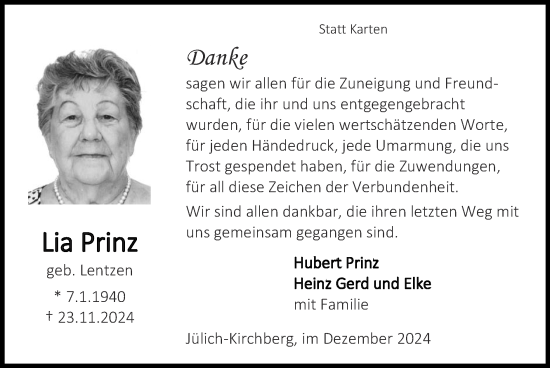 Traueranzeige von Lia Prinz von Zeitung am Sonntag