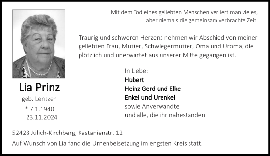 Traueranzeige von Lia Prinz von Aachener Zeitung