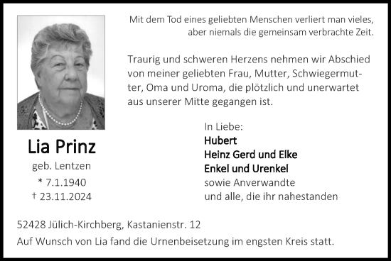 Traueranzeige von Lia Prinz von Zeitung am Sonntag