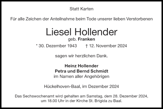 Traueranzeige von Liesel Hollender von Zeitung am Sonntag