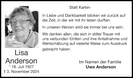 Traueranzeige von Lisa Anderson von Zeitung am Sonntag