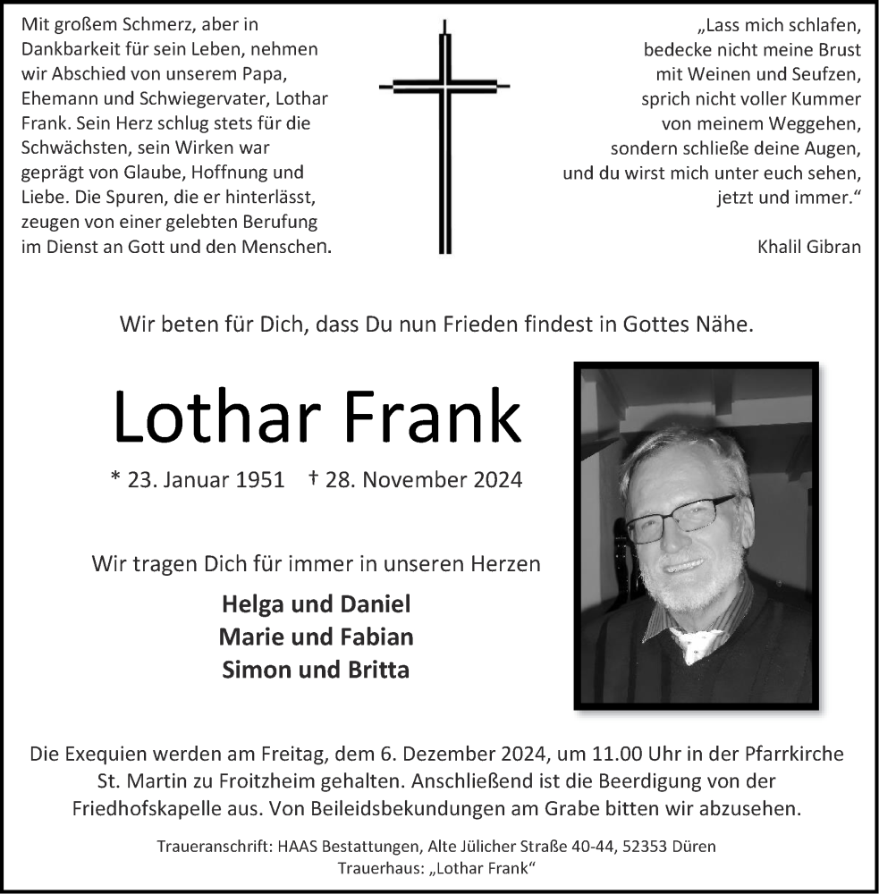  Traueranzeige für Lothar Frank vom 03.12.2024 aus Aachener Zeitung