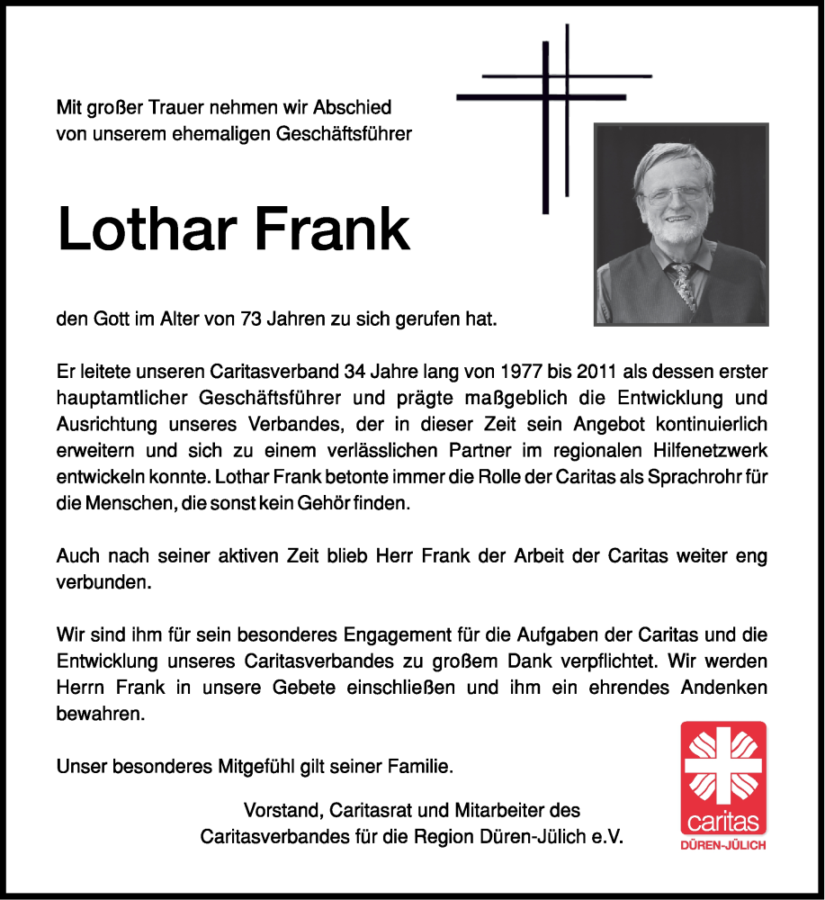  Traueranzeige für Lothar Frank vom 07.12.2024 aus Aachener Zeitung