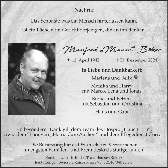 Traueranzeige von Manfred Böker von Zeitung am Sonntag