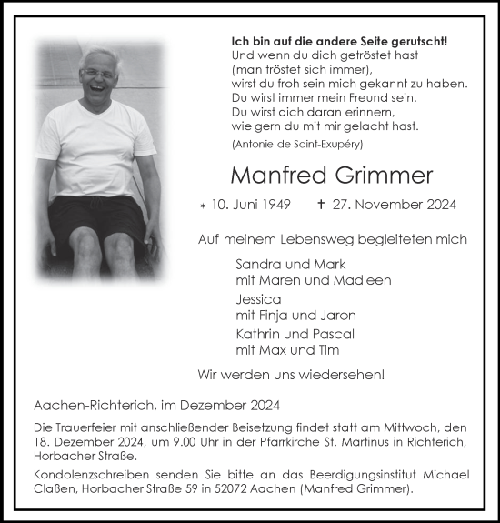 Traueranzeige von Manfred Grimmer von Zeitung am Sonntag