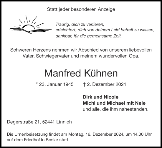 Traueranzeige von Manfred Kühnen von Zeitung am Sonntag