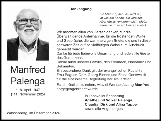 Traueranzeige von Manfred Palenga von Zeitung am Sonntag