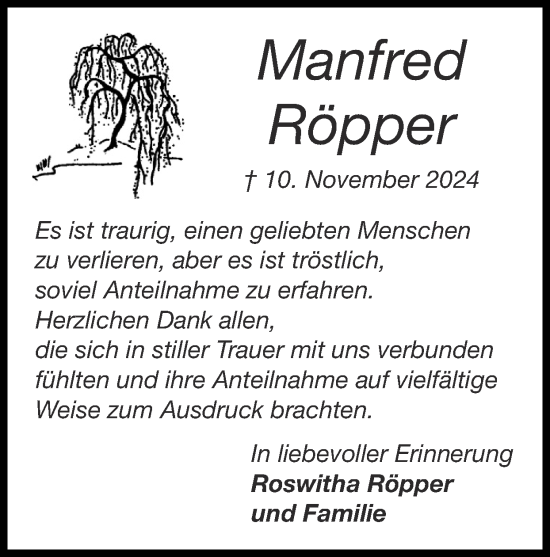 Traueranzeige von Manfred Röpper von Zeitung am Sonntag