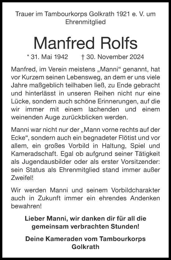 Traueranzeige von Manfred Rolfs von Zeitung am Sonntag