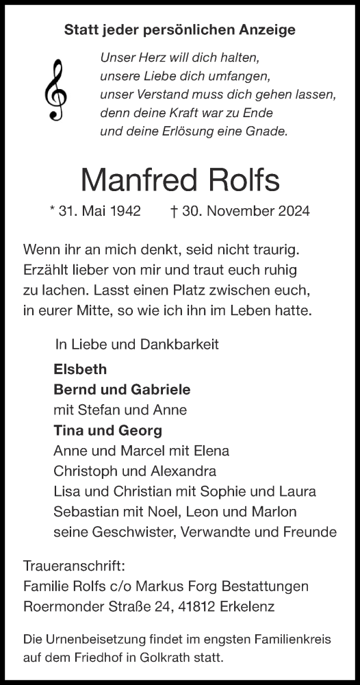 Traueranzeige von Manfred Rolfs von Zeitung am Sonntag