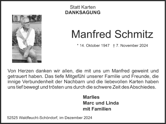 Traueranzeige von Manfred Schmitz von Zeitung am Sonntag