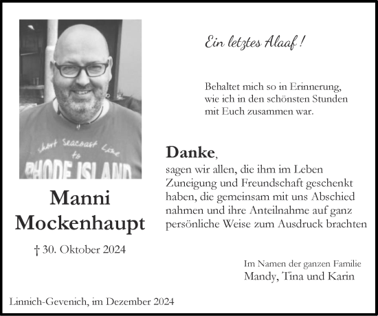 Traueranzeige von Manni Mockenhaupt von Zeitung am Sonntag
