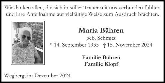 Traueranzeige von Maria Bähren von Zeitung am Sonntag