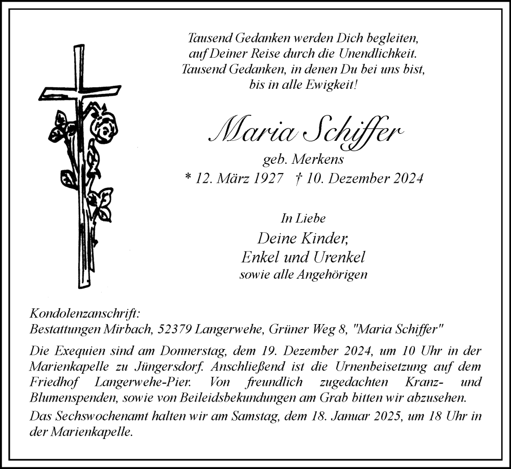  Traueranzeige für Maria Schiffer vom 15.12.2024 aus Zeitung am Sonntag