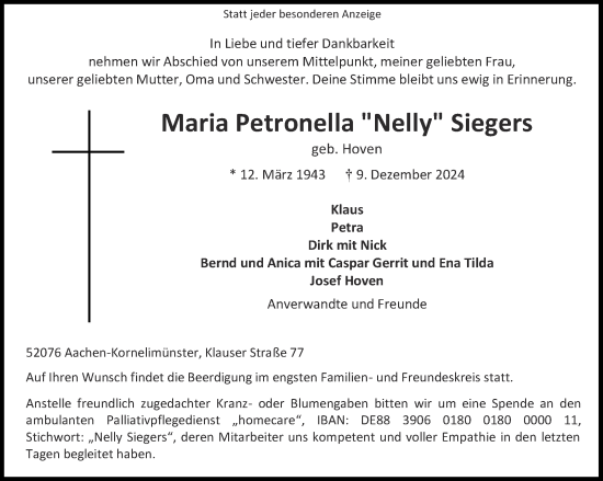 Traueranzeige von Maria Petronella Siegers von Aachener Zeitung