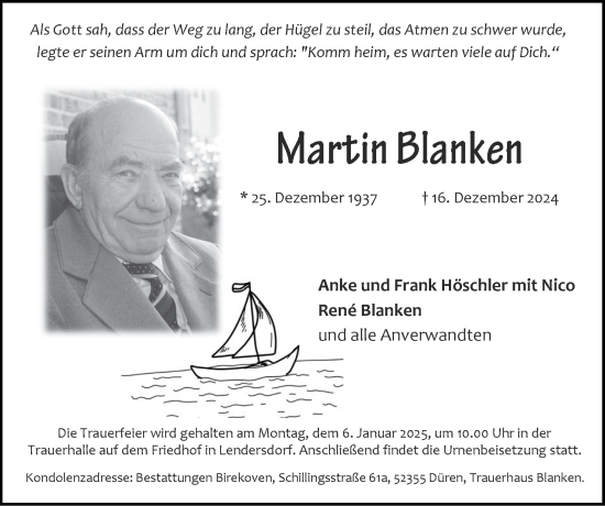 Traueranzeige von Martin Blanken von Zeitung am Sonntag