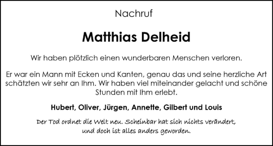 Traueranzeige von Matthias Delheid von Zeitung am Sonntag
