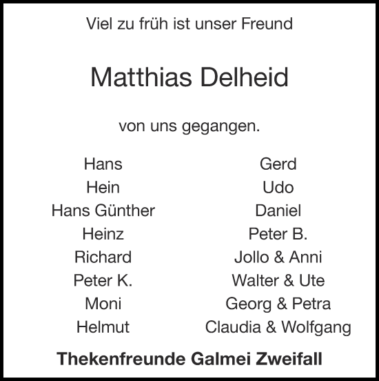 Traueranzeige von Matthias Delheid von Zeitung am Sonntag