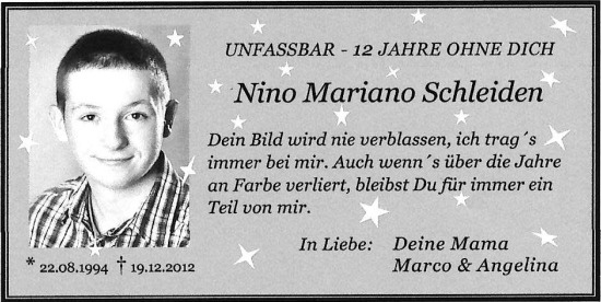 Traueranzeige von Nino Mariano Schleiden von Zeitung am Sonntag