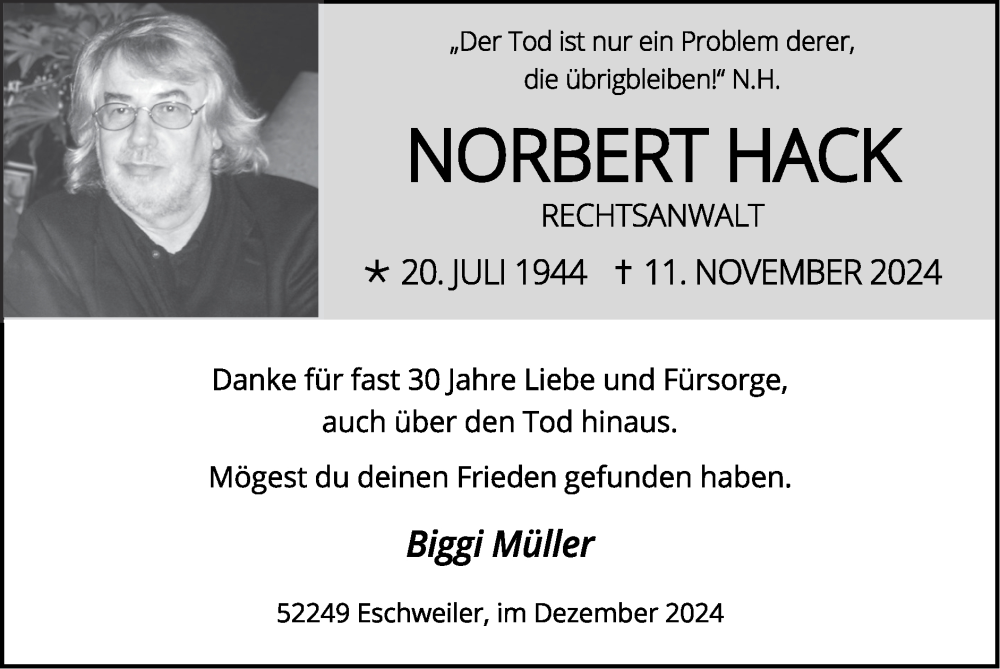  Traueranzeige für Norbert Hack vom 08.12.2024 aus Zeitung am Sonntag