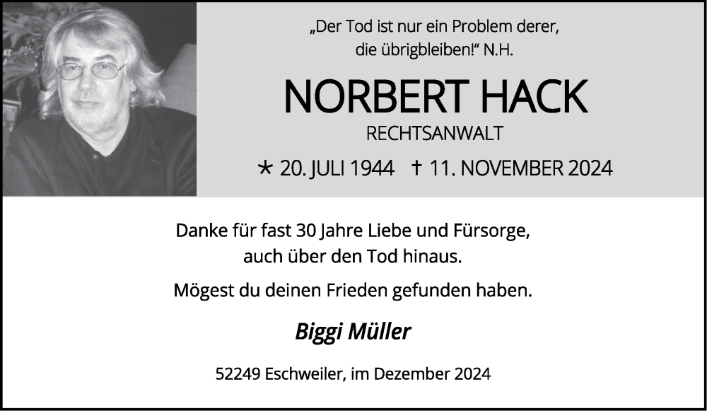  Traueranzeige für Norbert Hack vom 07.12.2024 aus Aachener Zeitung