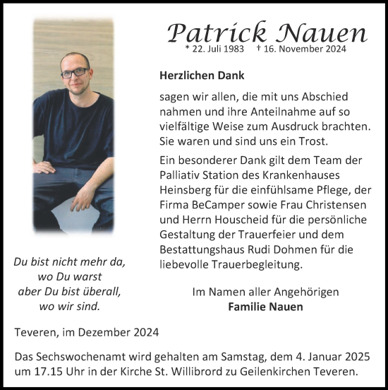 Traueranzeige von Patrick Nauen von Zeitung am Sonntag