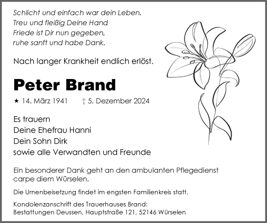 Traueranzeige von Peter Brand von Zeitung am Sonntag