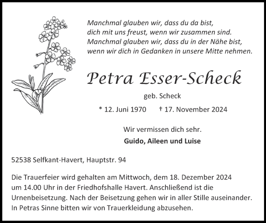 Traueranzeige von Petra Esser-Scheck von Zeitung am Sonntag