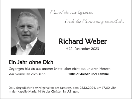 Traueranzeige von Richard Weber von Zeitung am Sonntag