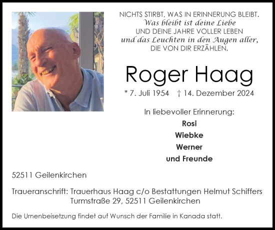 Traueranzeige von Roger Haag von Zeitung am Sonntag