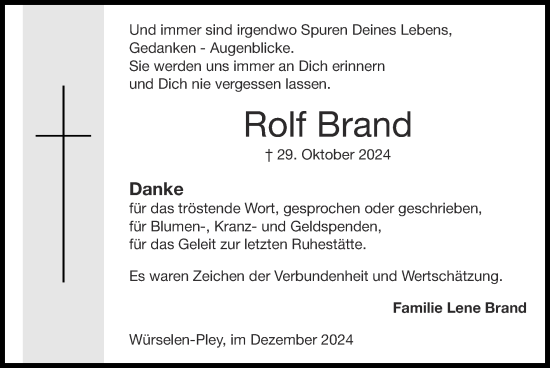 Traueranzeige von Rolf Brand von Zeitung am Sonntag