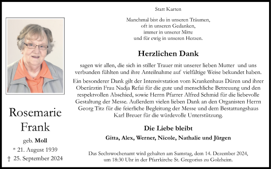 Traueranzeige von Rosemarie Frank von Zeitung am Sonntag