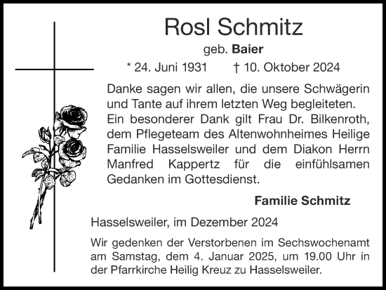 Traueranzeige von Rosl Schmitz von Zeitung am Sonntag