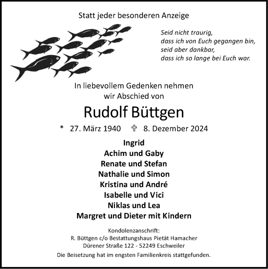 Traueranzeige von Rudolf Büttgen von Zeitung am Sonntag