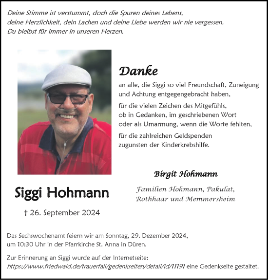 Traueranzeige von Siggi Hohmann von Zeitung am Sonntag