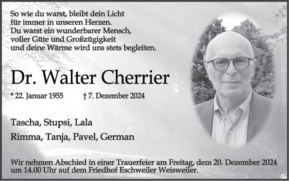  Traueranzeige für Walter Cherrier vom 15.12.2024 aus Zeitung am Sonntag