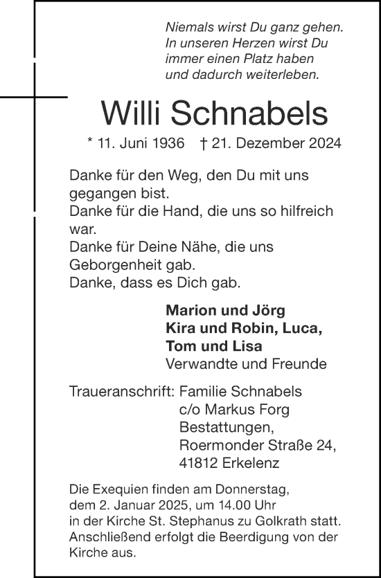 Traueranzeige von Willi Schnabels von Zeitung am Sonntag