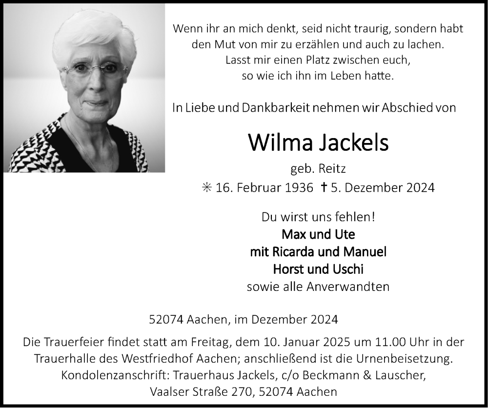  Traueranzeige für Wilma Jackels vom 15.12.2024 aus Zeitung am Sonntag