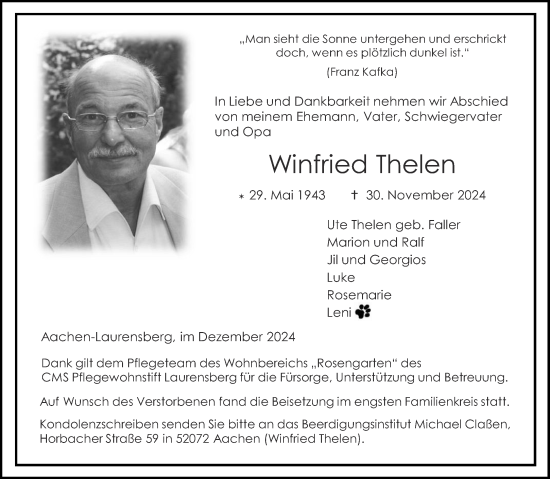 Traueranzeige von Winfried Thelen von Aachener Zeitung