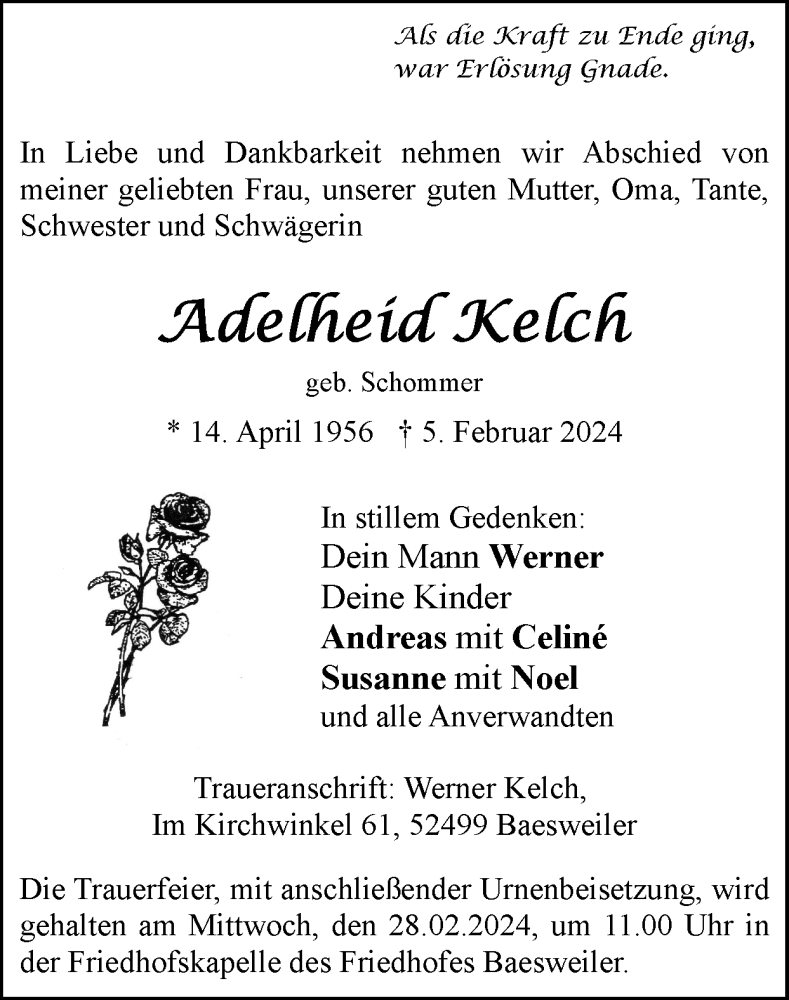  Traueranzeige für Adelheid Kelch vom 25.02.2024 aus Zeitung am Sonntag